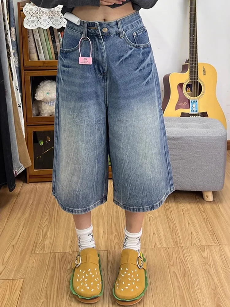 

Retro Lightning Pattern Seven-Five Denim Shorts Women's Summer New High Waist Loose Wide Leg Slim Straight Tube Pants