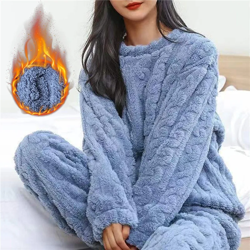 Women\'s pajamas set Winter coral velvet homewear Velvet thickened two-piece home suit Fluffy O-neck leisure pajamas