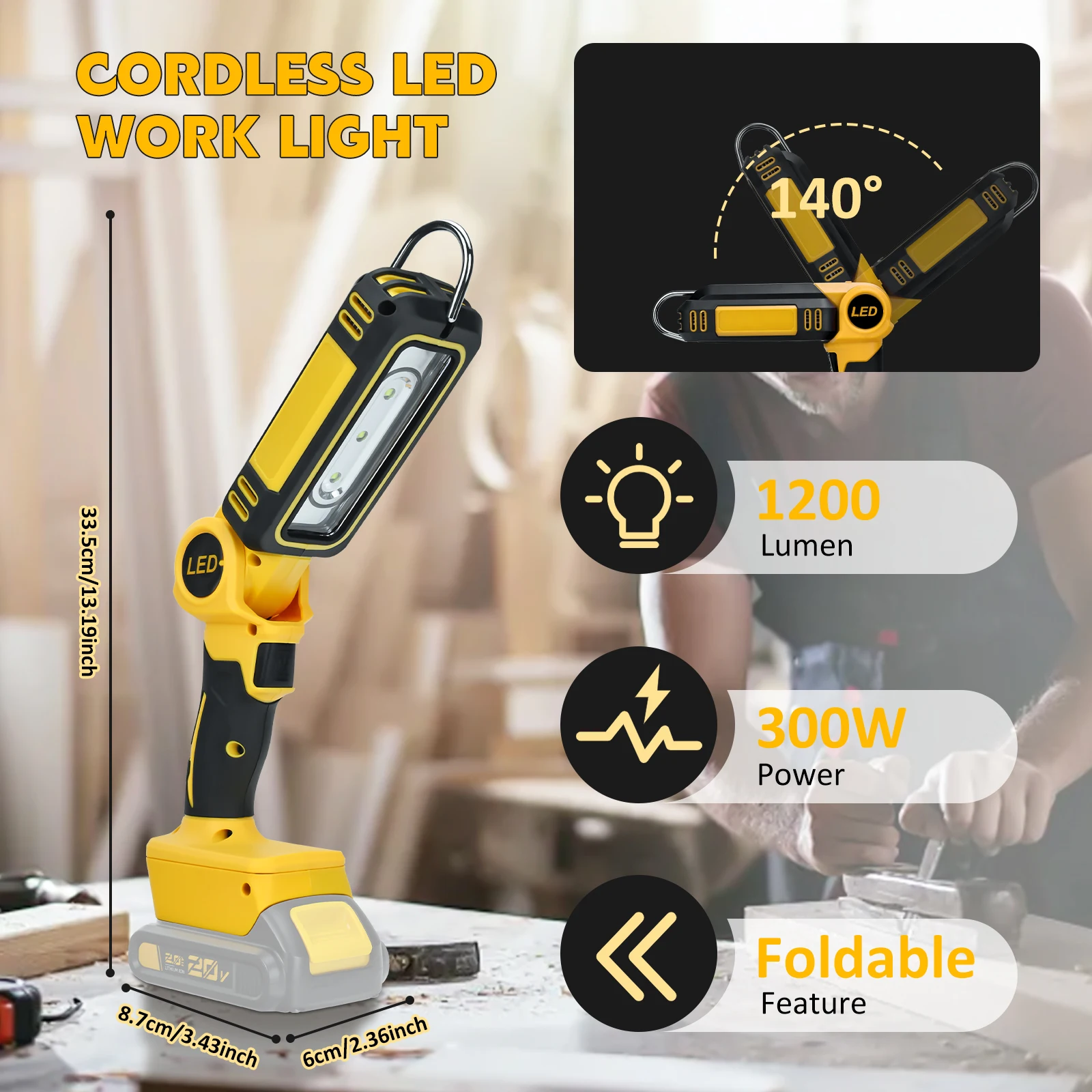 LED Work Light 300W 1200LM for Dewalt 20V Battery 140° Wide-Angle Flashlight for Workshop Outdoor Tool Light (No Battery)