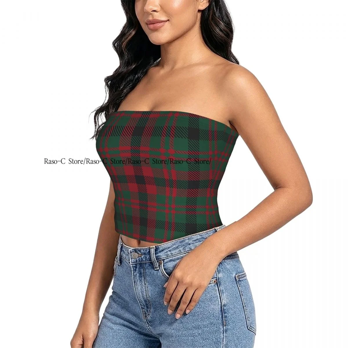 Women Block Crop Slim Tube Top Christmas Plaid Tartan Textiles Strapless Top For Summer Female Clothing