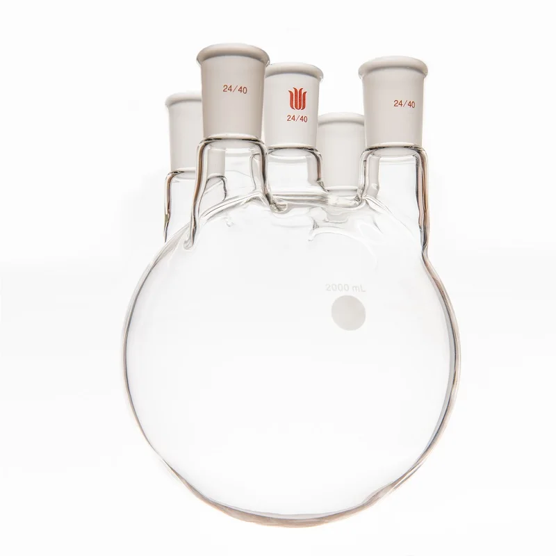 SYNTHWARE Straight five mouth round bottom bottle, 500mL-5000mL, Heavy wall, High strength, Borosilicate glass flask