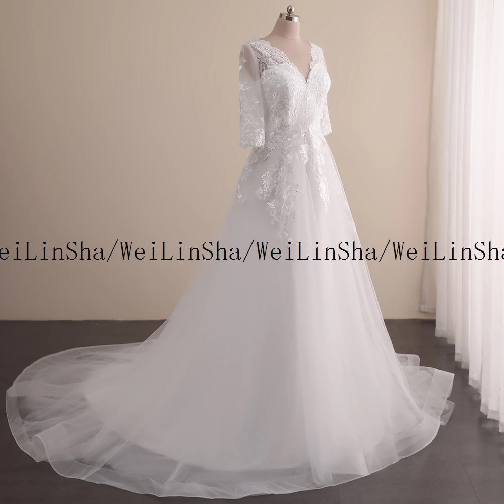 Personalizado WeiLinSha Cap manga una línea de tul elegante blanco vestidos de novia reales para matrimonio medio botón espalda vestidos de novia chaleco