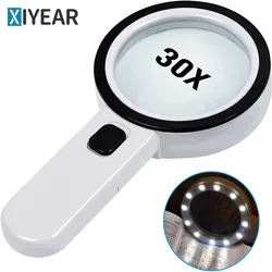 30x Handheld Magnifier 12 LED Illuminated Magnifier with Light for Elderly Reading Repair Jewellery Children Student Magnifier