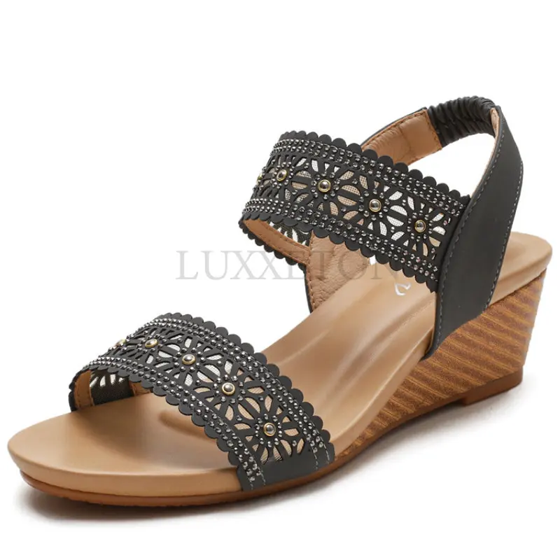 Summer Women Sandals Vintage Wedge Sandals Woman Hollow Flower Design Platform Sandals Soft Roman Style Ladies Shoes