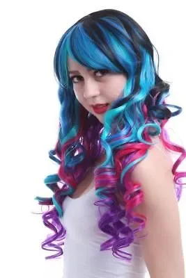 Lolita peruca de cabelo ondulado multicolor para mulheres, azul e rosa, arco-íris, cosplay, harajuku, franja encaracolada