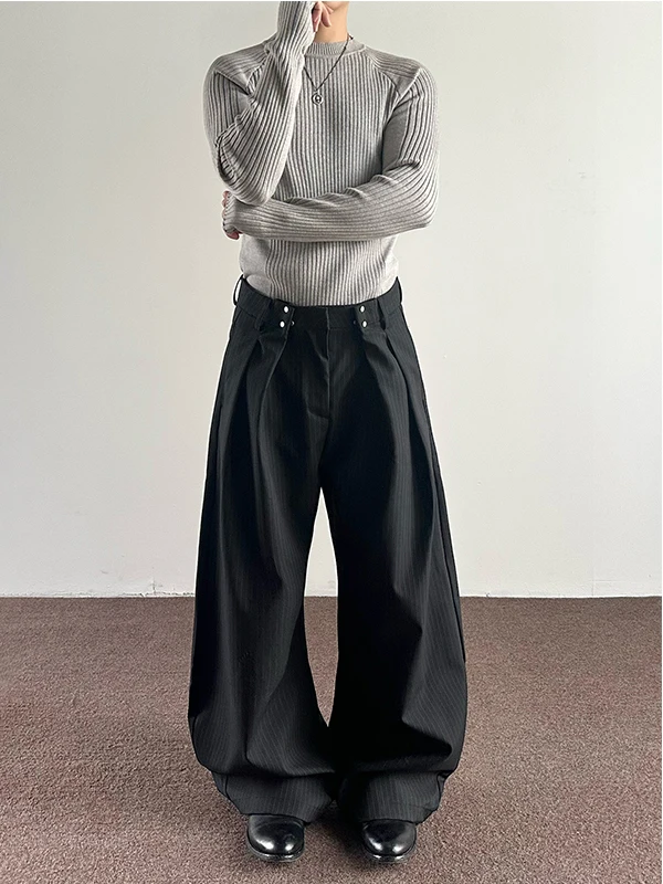 

Ele Pleated Stripe A-Line Men's Trousers Spring Autumn Bla Wide Leg Loose Drapey Knife Long Pants Casual Polyester Fiber