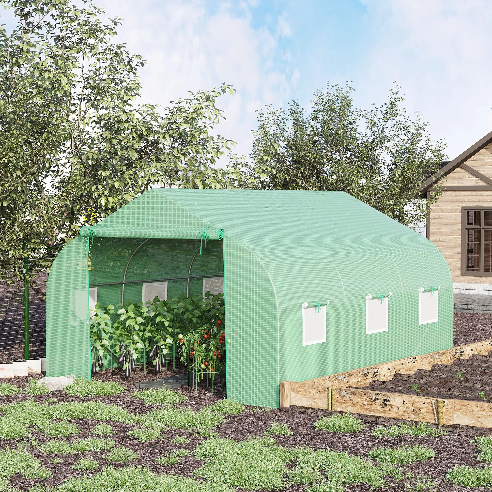 Invernadero Grande con Cubierta de Polietileno Verde, Carpa de Cultivo para Plantas de Exterior con Puerta Enrollable y Ventanas de Ventilación, Invernadero de Jardín Resistente