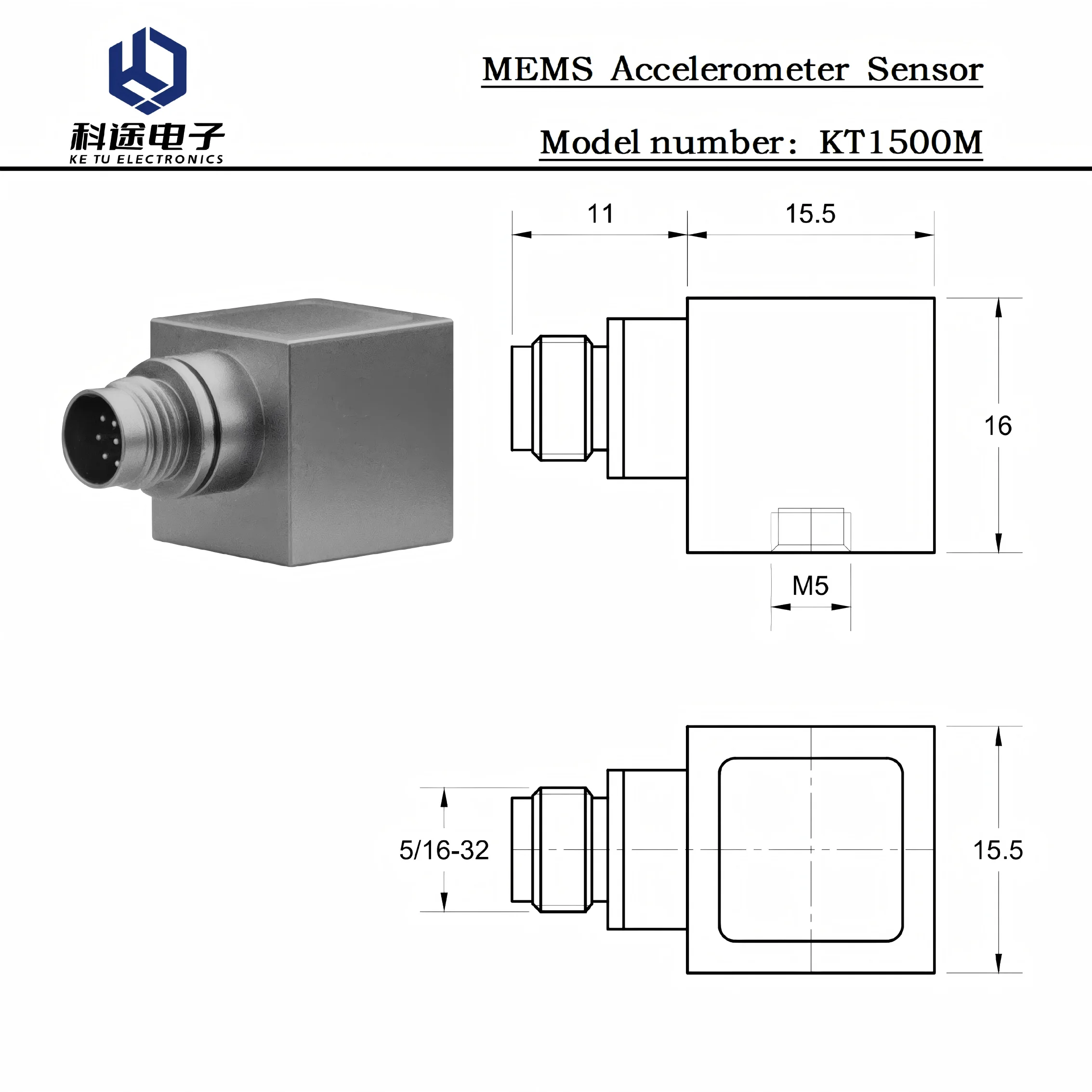 MEMS Accelerometer Acceleration Sensor Transducer Transmitter for Vibration Monitoring Measurement Range ±500g Sensitivity 4mV/g