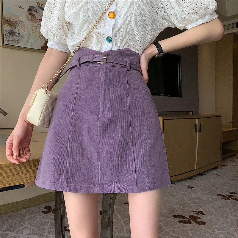 

Summer Purple Denim Skirt A-line Korean Version High Waist Mini Skirt Fashion Slim Solid Color Belt Denim Half Skirt Women's
