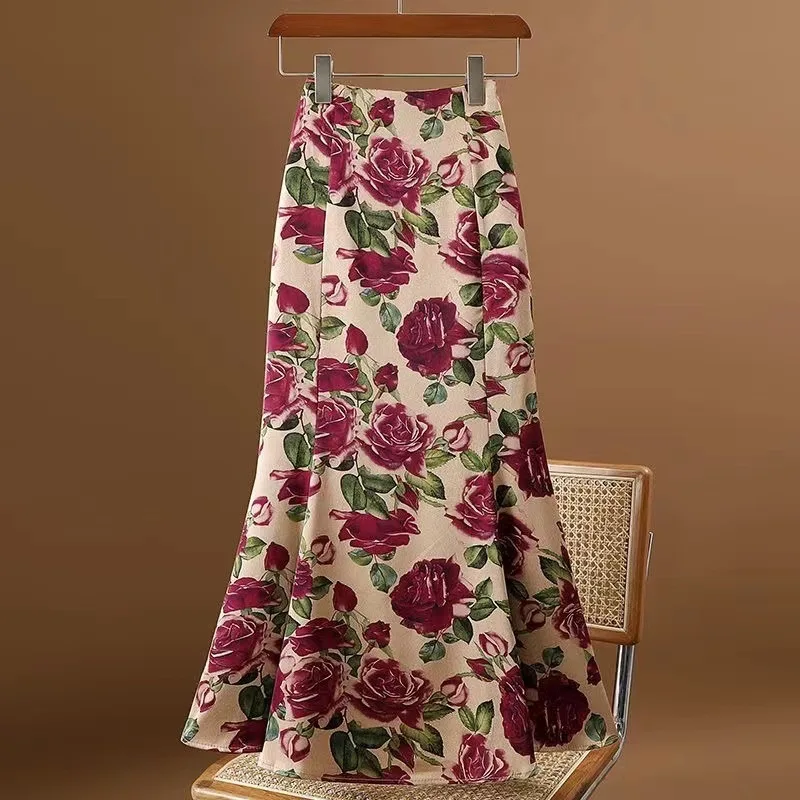 High end retro rose fish tail new high waisted slim fit, slimming effect, floral mid length wrapped arm skirt