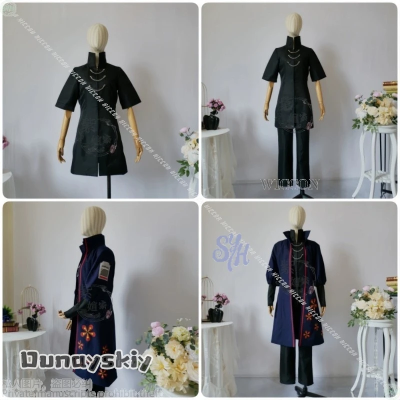 เสื้อโค้ทแฟชั่นพังก์สีน้ำเงินเข้มลายดอกไม้ สำหรับคอสเพลย์ตัวละครเจียฮวน จากอนิเมะเกม Limbus Company {BankaiMode} เหมาะสำหรับงานปาร์ตี้ฮาโลวีนและคริสต์มาส