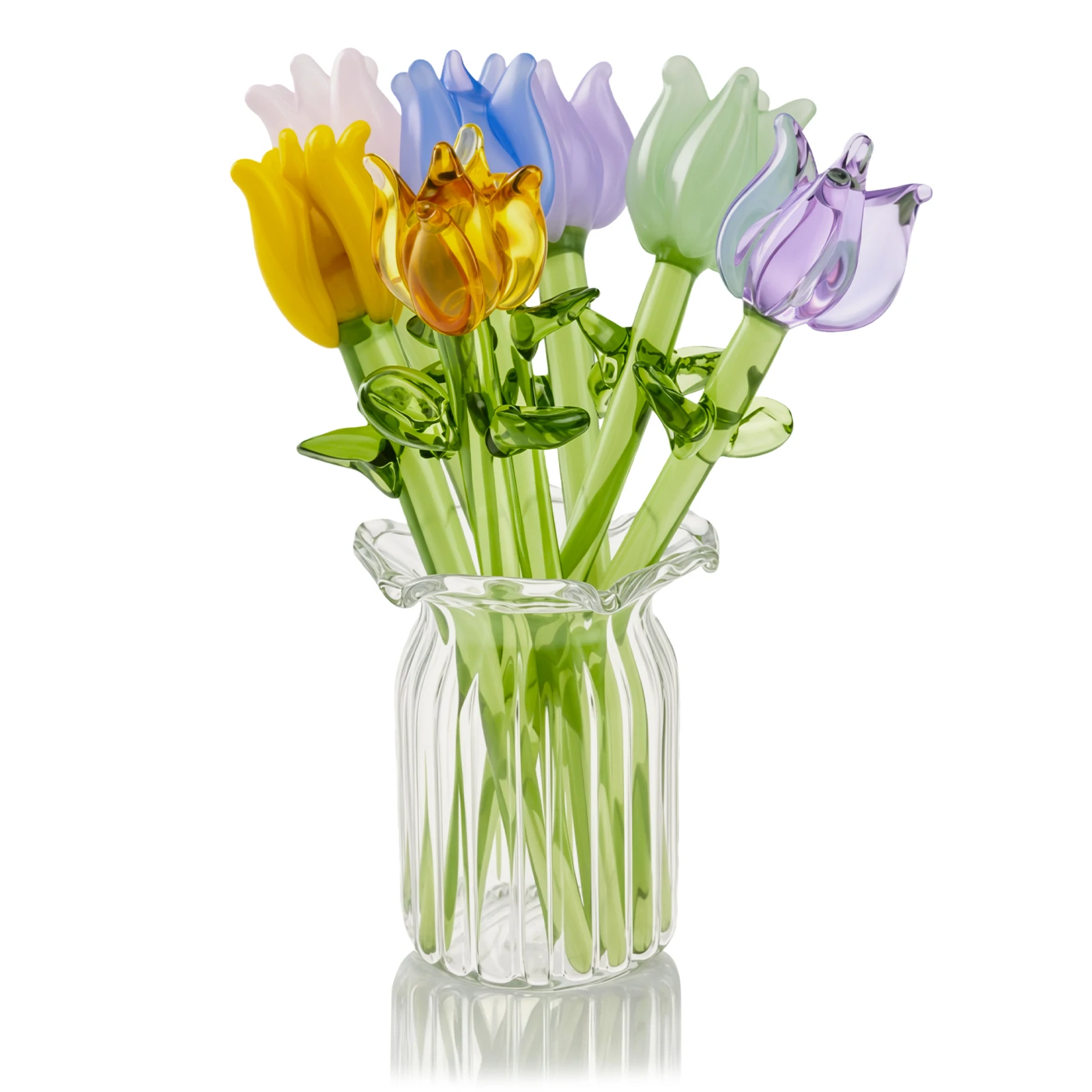 7Pc Handmade Glass Small Flowers with Clear Vase Glass Simulation Bouquet Colorful Mini Glass Flower for Desktop Home Decoration