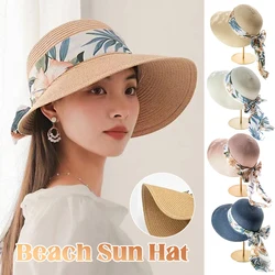 Women's Summer Tourism Vacation Sunshade and Sunscreen Hats Leaf Ribbon Leisure Beach Straw Hats Accessories Wide Brim Spf 50