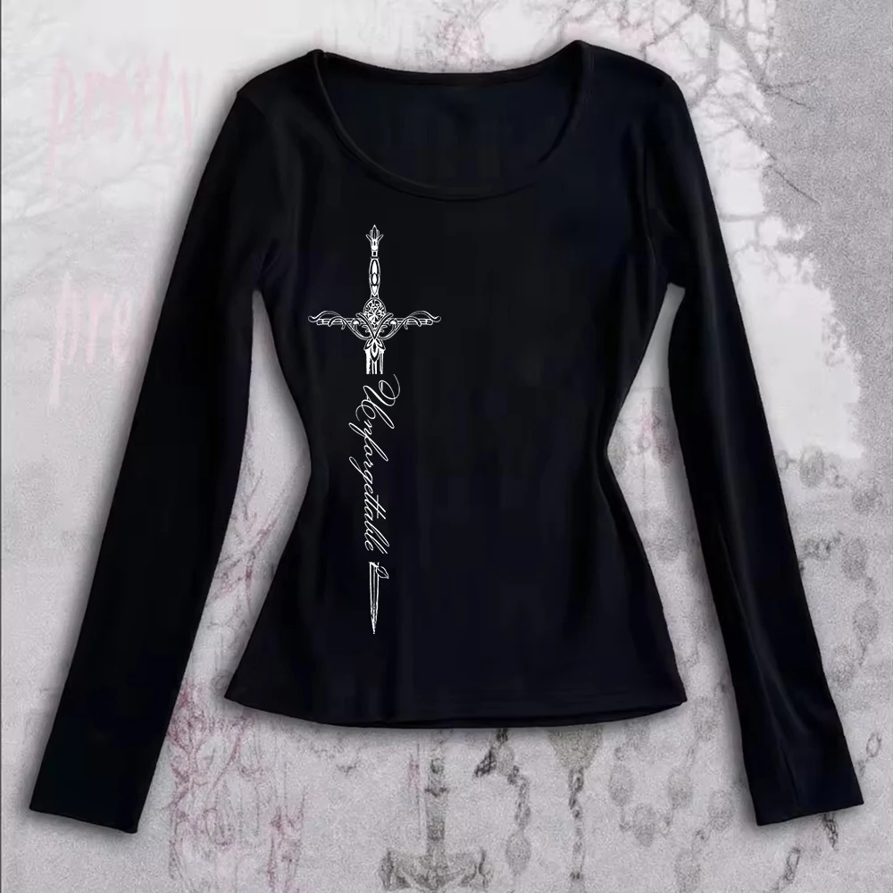 

Винтажная футболка с графическим принтом и круглым вырезом, футболка с длинными рукавами, женские облегающие укороченные топы, уличная одежда в стиле эмо для девочек, топы Y2K в стиле гранж 2000-х годов