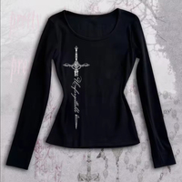 Vintage T-shirt Graphic Print O Neck Long Sleeve Tee Women's Slim Fit Crop Tops Girl Emo Streetwear 2000s Y2K Grunge tops