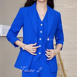 Tesco-Roupa formal feminina de 3 peças, terno azul royal, roupa de trabalho, colete e calça blazer monocromáticos, senhora do escritório, festa da empresa