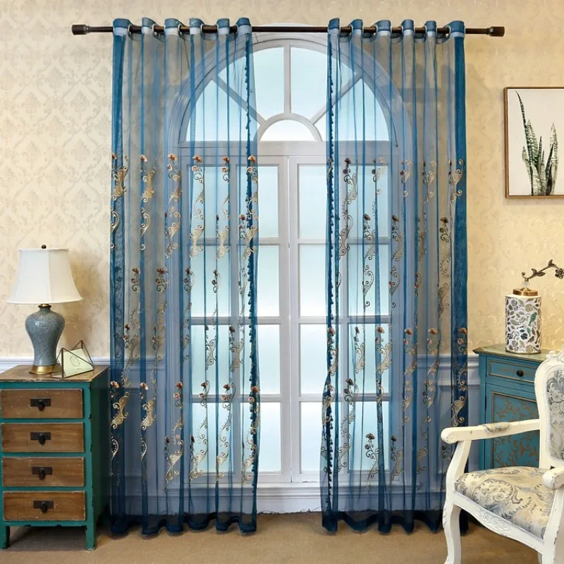 

European Window Valance Fabric Mosquito Curtains for living room bedroom Blue Radiant Embroidered Flower Valance Custom Size