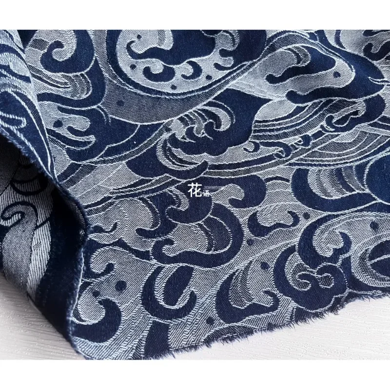 Denim Fabric Yarn Dyed Jacquard Deep Blue Retro Jacket Designer Arts Crafts Sewing Cloth Diy Per Meter Pure Cotton Material