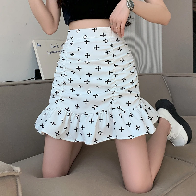 

Summer New Print Trumpet Skirts Women Korean Fashion Slim Ruffle High Waist A-line Mini Skirt Female