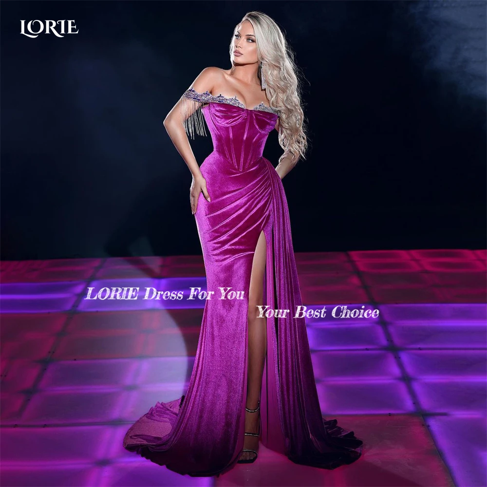 LORIE Pink Crystals Evening Dresses Side Slit Dubai Mermaid Tassels Off Shoulder Prom Dress Arabia Pleated Celebrity Party Gowns