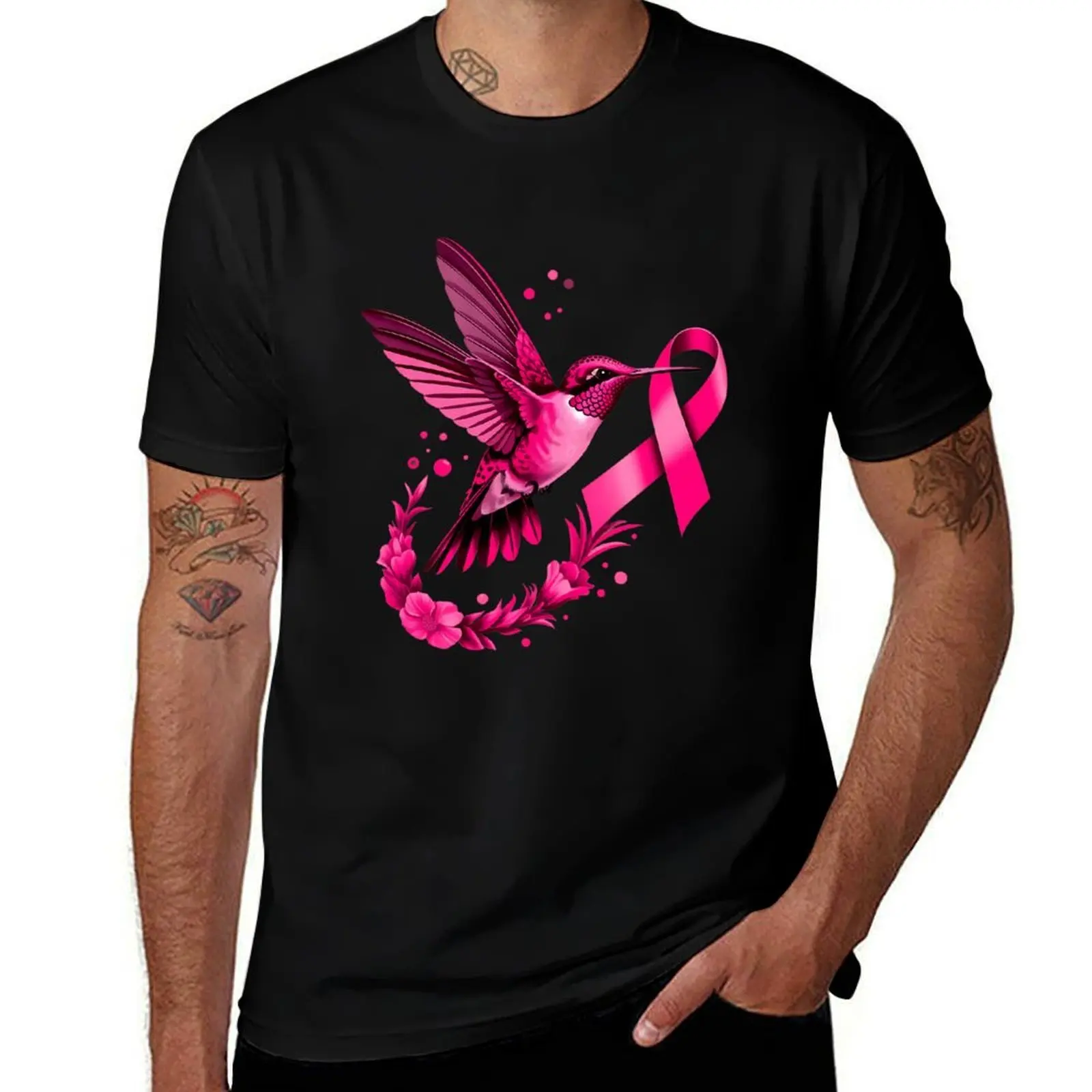 

Hummingbird Flower Pink Ribbon Breast Cancer Awareness T-Shirt boys animal print T-shirts oversize korean fashion men clothing
