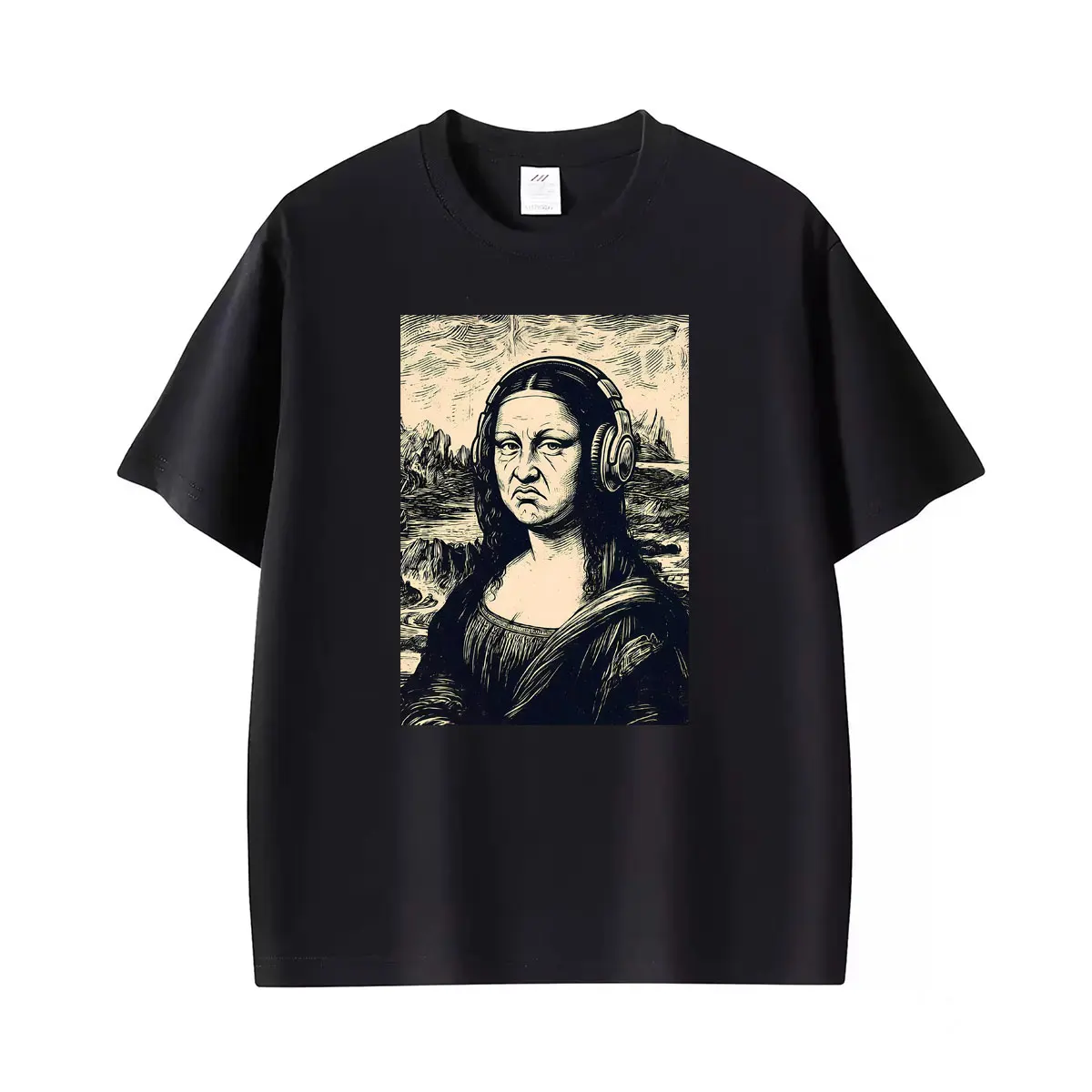 Vintage Mona Lisa Headphones Funny Disgust Face Parody Art T Shirts Men Women Casual  Fashion T Shirt Short Sleeve T-shirt