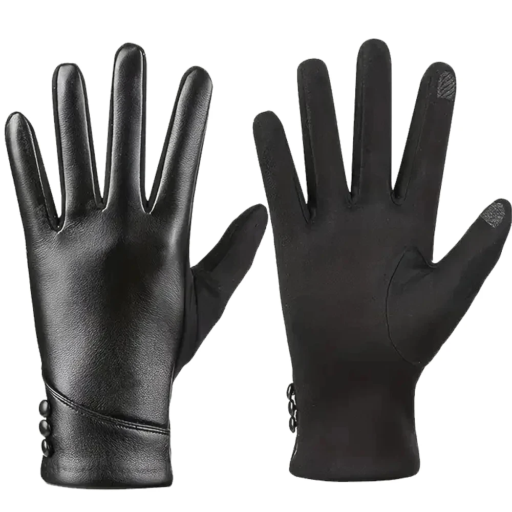 Elegant Women PU Leather Windproof Touchscreen Gloves With Soft Fleece Lining Warmth Cycling Gloves Anti-slip Design for Outdoor