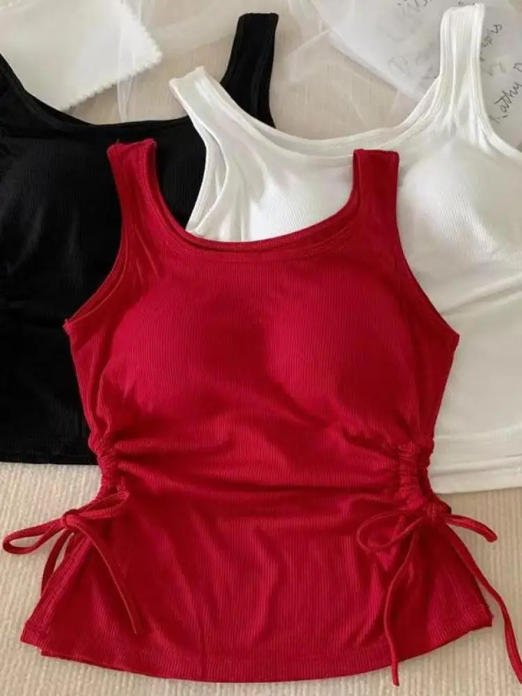 AOSSVIAO 2026 New Arrival Girls Casual Solid Colour Two Side Drawstring Vest Folds Shirring Sexy Tank&Camis