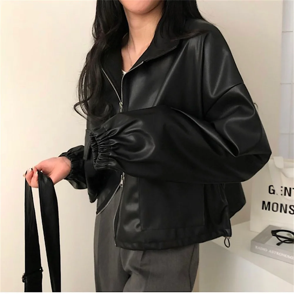 PLAMTEE Stylish Classic PU Jackets Women Pockets Zipper New Solid Loose 2022 Autumn Minimalist Chic Office Lady Mujer Coats