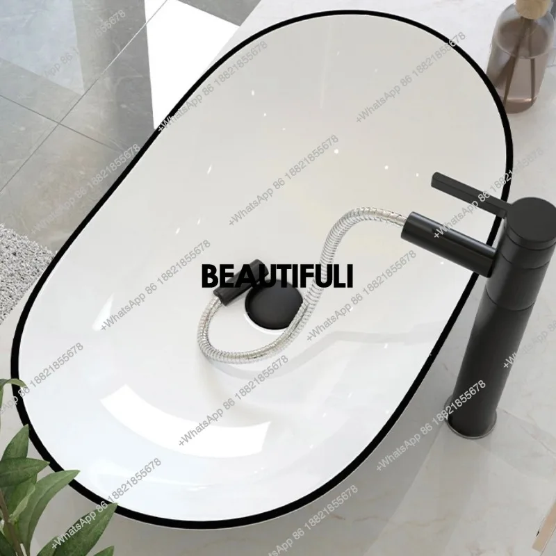 

R Ingot Shape Art Ceramic Basin Set White and Black Washbasin Bathroom Sink Set Water Mixer Tap Faucet W/ Pop Drain