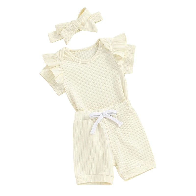 Newborn Infant Baby Girl Summer Clothes Rib Frill Short Sleeve Romper Shorts Headband 3pcs Outfit Set