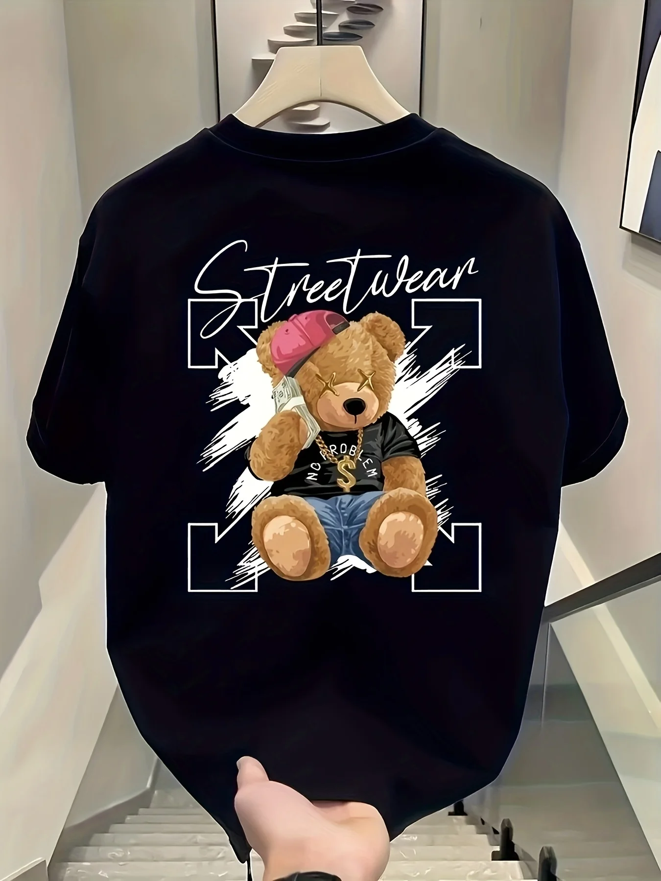 Stylish Streetwear Teddy Bear Print Tee with Bold Brushstroke Accents 100% Cotton Men's T-shirt Summer Casual Everyday Neutral
