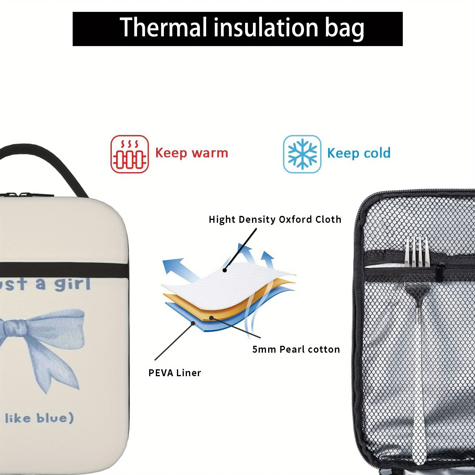 Thermal Insulated Bag with Cute Blue Bow for Girls, Women, Office, Restaurants - Reusable Cold/Warm Bag with Funny Saying