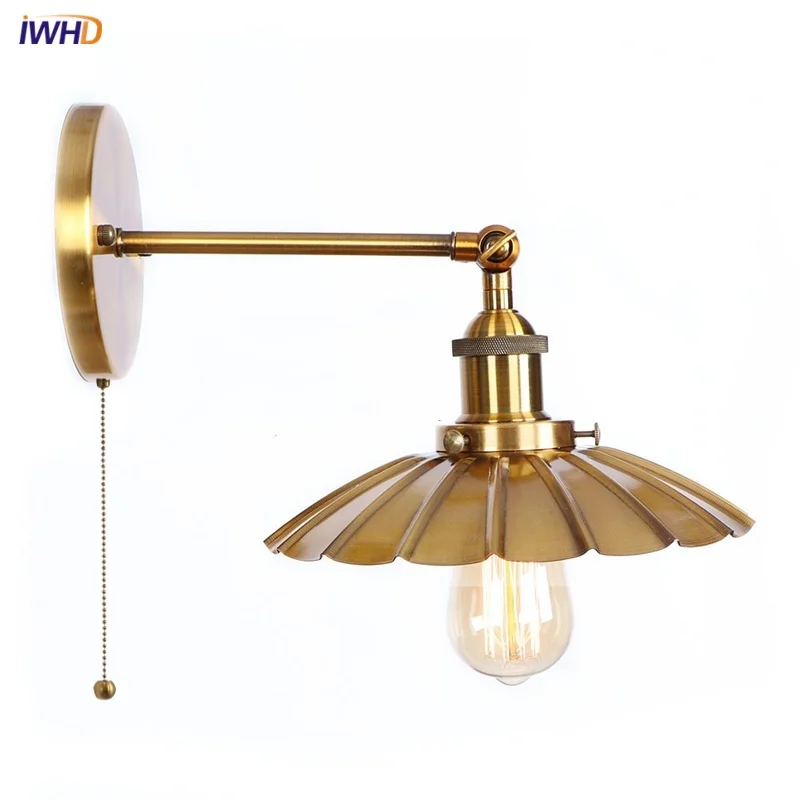 

IWHD Gold LED Wall Lamp Fixture Loft Pull Chain Switch Bedside Living Room Porch Industrial Vintage Hanglamp Lamparas De Pared