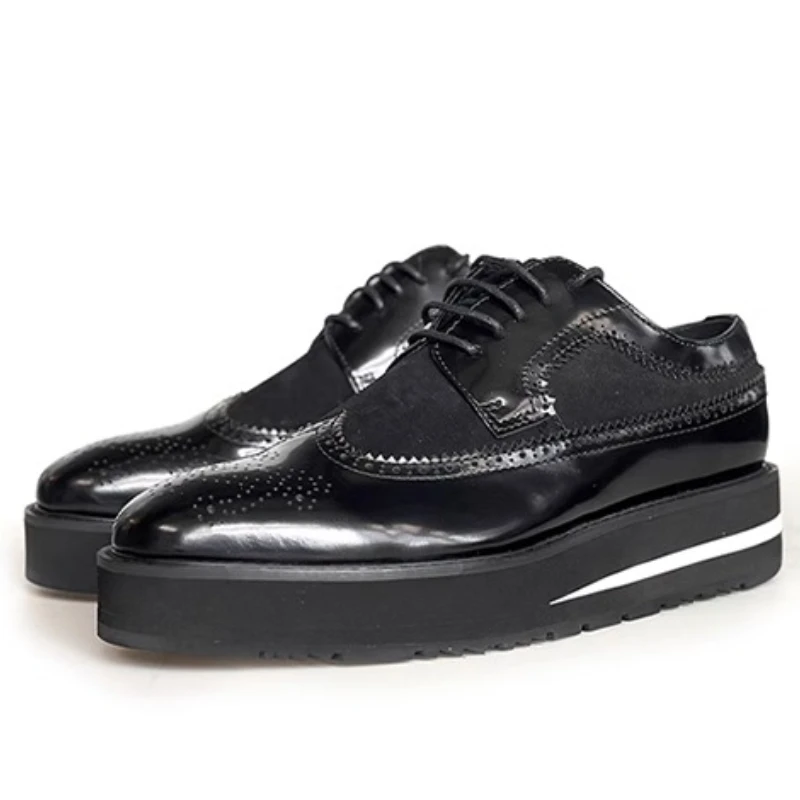 English Derby Shoes for Men's Cowhide Carved Block Shoes Comfortable Breathable Sponge Cake Thick Soled Height Increasing Shoes