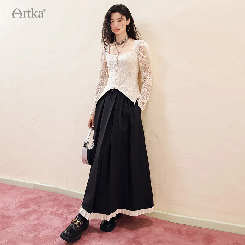 ARTKA 2023 Autumn New Women Blouse Elegant Palace Style Lace Embroidery White Shirt Lace Long Sleeve Square Neck Shirts SA92238Q