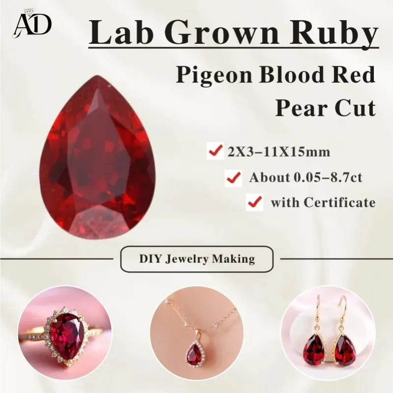 

Lab Grown Ruby Loose Gemstones Pigeon Blood Red Pear Cut Charm Beads For DIY Jewelry Selectable AGL Certificate