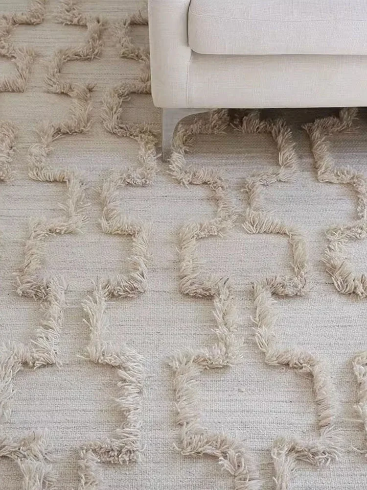 Nordic Minimalism Solid Color Wool Carpet Living Room Hand Woven Cream Rugs for Bedroom Decor Warm Parlor Sofa Coffee Table Mat