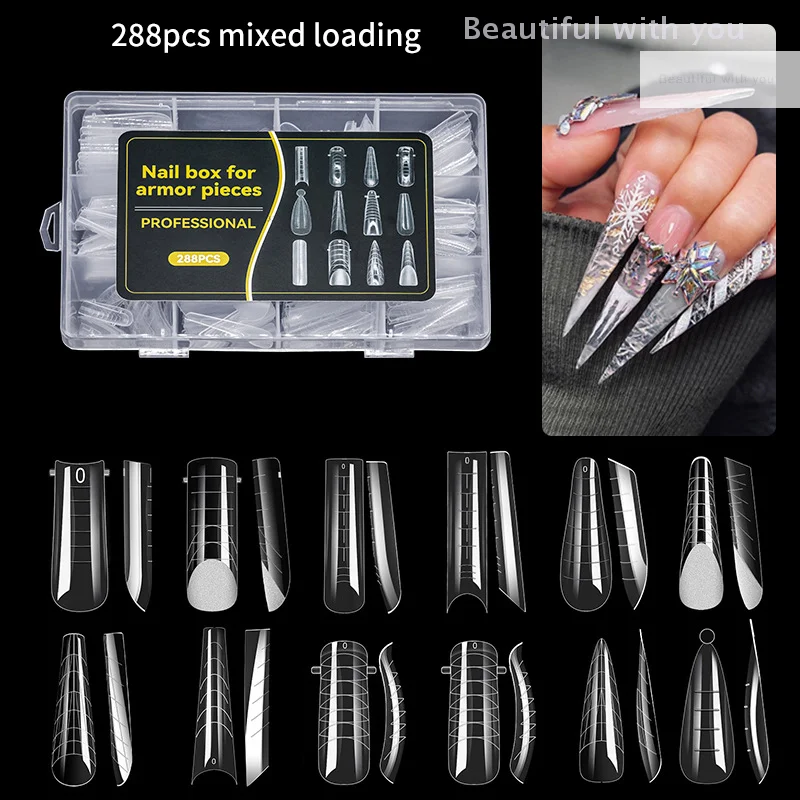 

288pcs Nail Nail Models Mixed With 12 Types Of Paper Free Holders With Extended Scales Crystal Nail Plates Transparent Nail Film