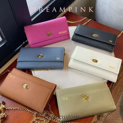 Long Genuine Leather Women Wallet On Chain Custom Name Female Crossbody Clutch Bag Engrave Letters Luxury Brand Lady Handbag