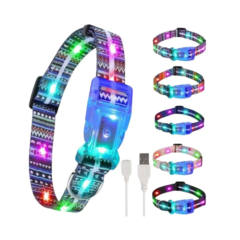 

LED Dog Pet Collars Luminous Necklace Buckle IP68 Waterproof Rechargeable Martingale Dog Hunting Stuff for Big Breed Reflective