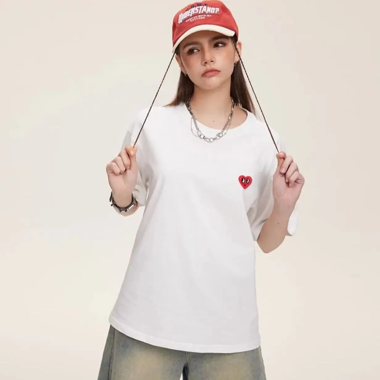 

Same Size Plus Female Charles Peach Heart Round Neck Short Sleeved Love Summer American Pure Cotton Heavyweight Couple Loose