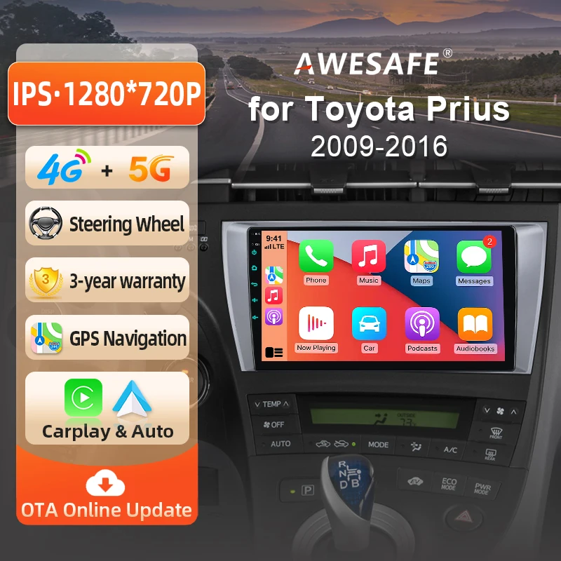Autoradio Android AWESAFE 9 pouces pour Toyota Prius 3 XW30 2009-2016, CarPlay sans fil et Android Auto, navigation GPS, support multimédia, commande au volant, amplificateur de subwoofer, caméra arrière avec CAN-BUS, prise EU, Plug and Play, DAB+, autoradio numérique 2 DIN, autoradio stéréo