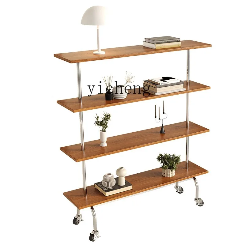 ZF Floor-Standing Rack Designer Storage Rack Vintage Trolley Solid Wood Stainless Steel Bookshelf