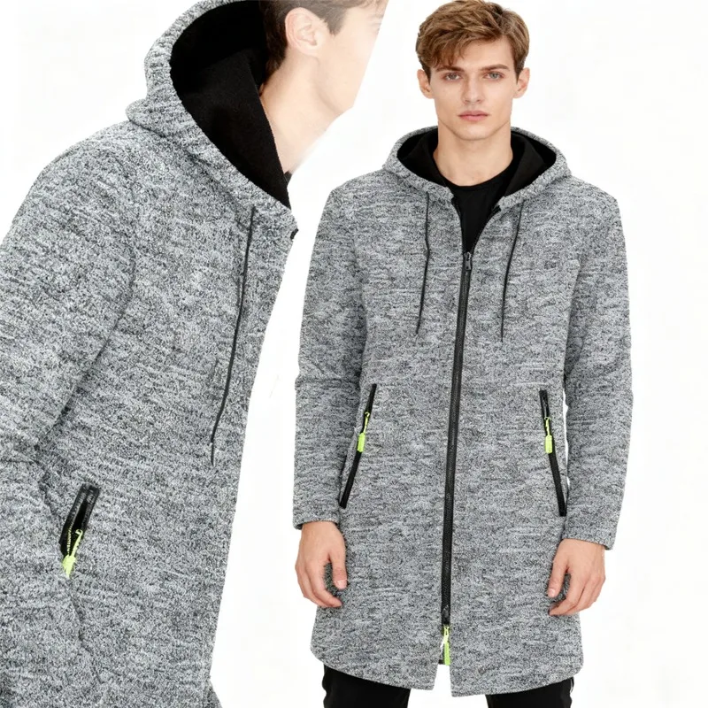 

Новинка 2025, мужской кардиган с капюшоном, средней длины, вязаный свитер на флисовой подкладке, пальто большого размера
