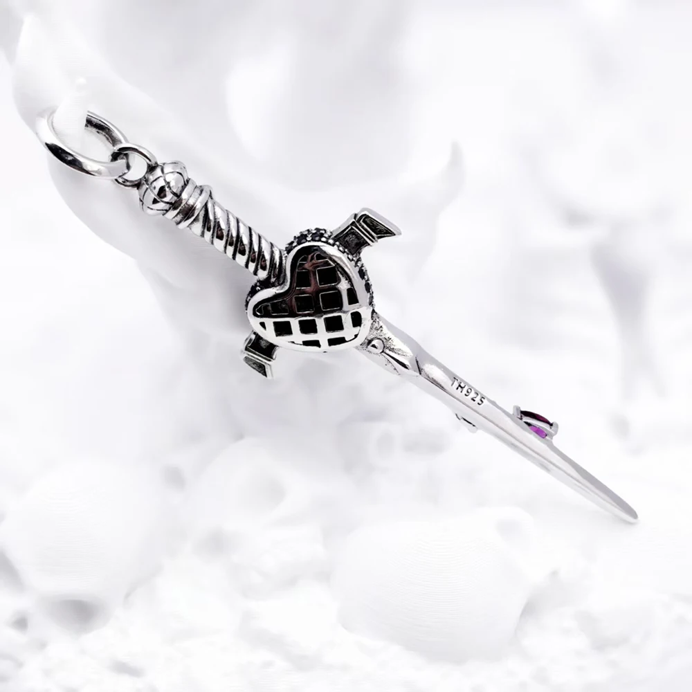 Herz-Schwert-Anhänger mit schwarzen und roten Steinen, 925er Sterlingsilber, Schmuck im europäischen Stil, Vintage-Geschenk für Damen und Herren – Detail 5