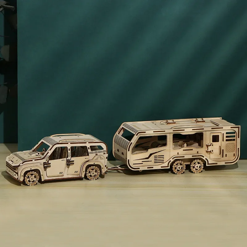 3D ปริศนาไม้ Caravan Model Kit ทําด้วยมือ DIY Assembly ของเล่นเพื่อการศึกษาชุดจิ๊กซอว์