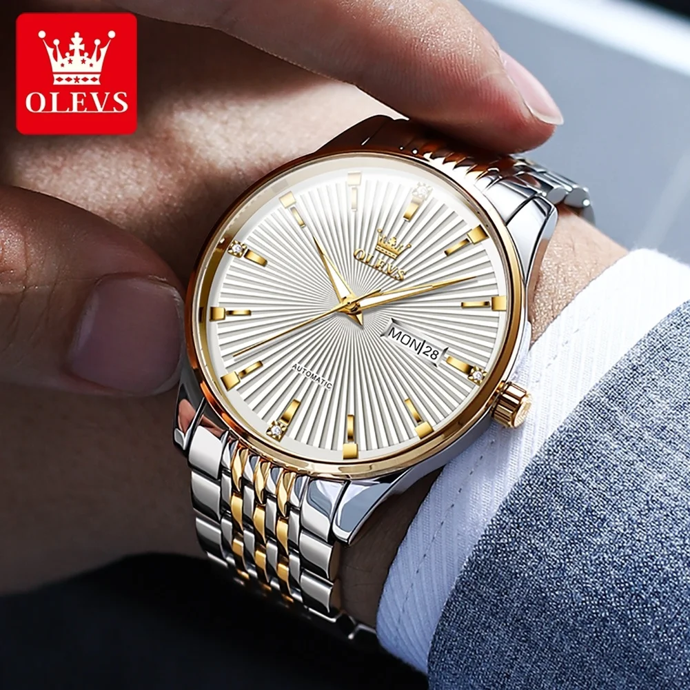 OLEVS 6653 Stainless Steel Strap Automatic Mechanical Luxury Watch For Men Top Commerce Business Waterproof Calendar Wristwatch