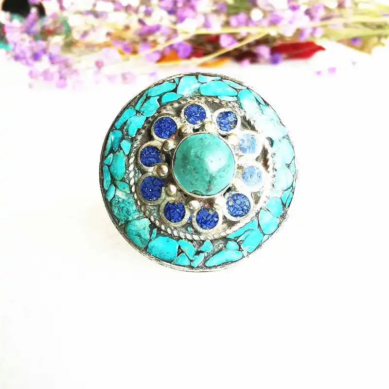

Nepal Vintage Rings for Man White Metal Copper inlaid Stone Big Flower Ring R223