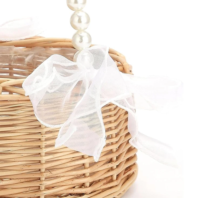 One wicker rattan flower child Basket with Pearl handle and bow Hand woven Easter basket Wicker basket for Weddings (brown)